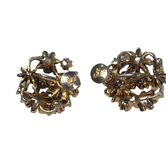 Vintage Lisner Gold Tone Green Faux Pearl Screw Back Earrings Jewelry Signed - Picture 3 of 5